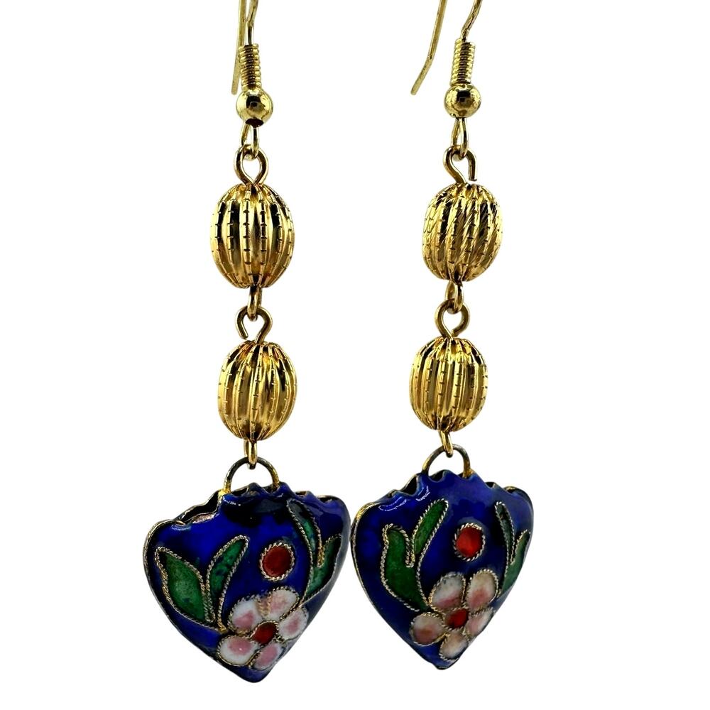 Vintage Upcycled Handmade Enamel Cloisonne Heart Flower Gold Tone 2.75" Earrings
